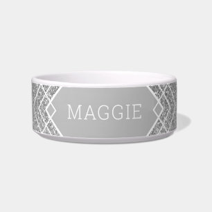 Silver Gray Glitter Art Deco Pattern Pet Name Bowl