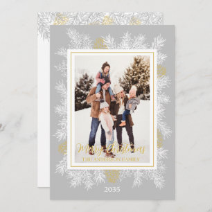 Silver Gray Gold Botanical Vintage Frame Christmas Holiday Card