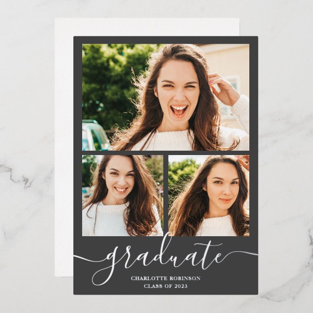 Silver gray graduate script 3 photos graduation (Front/Back)