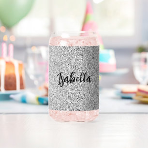 Silver gray sparkles girly bling Custom Name Can Glass