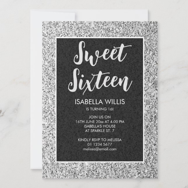 Silver gray sparkles Sweet 16 elegant script Invitation (Front)