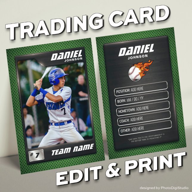 Silver Green Baseball Trading Card Baseball Player (Green Baseball Trading Card, Custom Trading Card for Baseball Player and Teams)