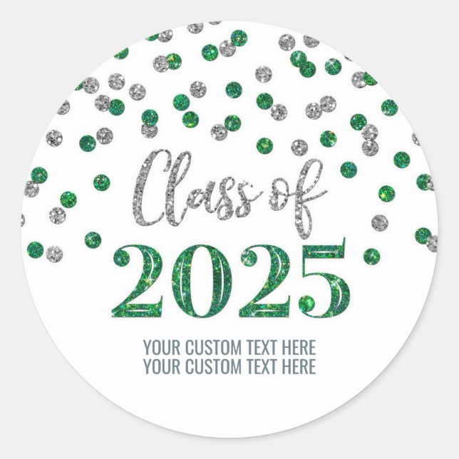 Silver Green Confetti Graduation 2025 Classic Round Sticker (Front)