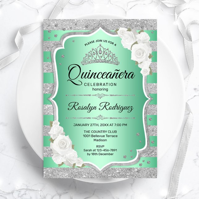 Silver Green Elegant Quinceanera Invitation (Creator Uploaded)