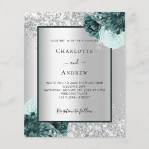 Silver green floral budget wedding invitation flyer