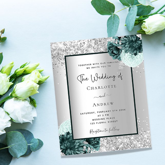 Silver green floral budget wedding invitation flyer (Creator Uploaded)