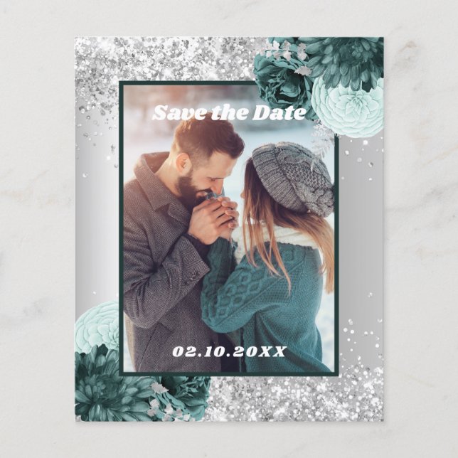 Silver green floral photo Save the Date wedding (Front)