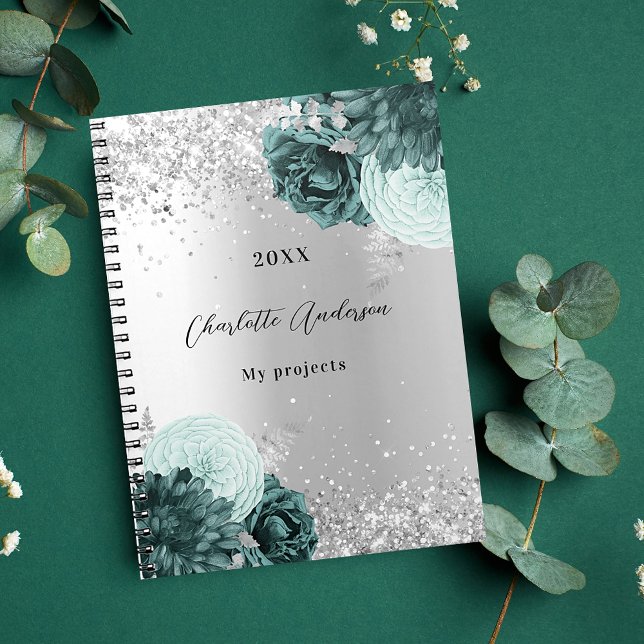 Silver green florals elegant glamourous notebook (Creator Uploaded)