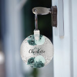 Silver green florals elegant name key ring<br><div class="desc">A faux silver looking background decorated with green florals,  flowers. Personalise and add your monogram initials and first name</div>