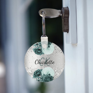 Silver green florals elegant name key ring