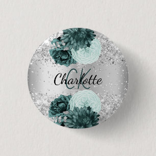 Silver green florals elegant name tag 3 cm round badge