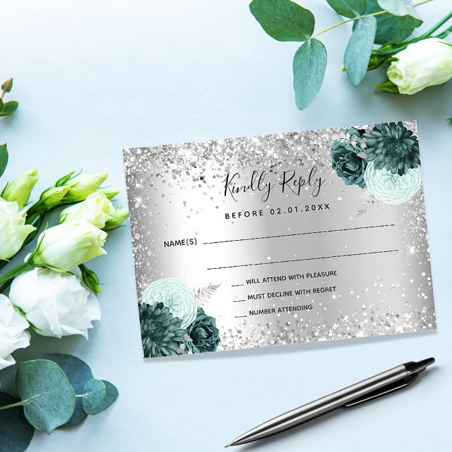 Silver green florals glitter wedding RSVP Card (Creator Uploaded)