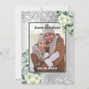 Silver green florals photo Save the Date wedding