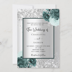 Silver green florals wedding invitation