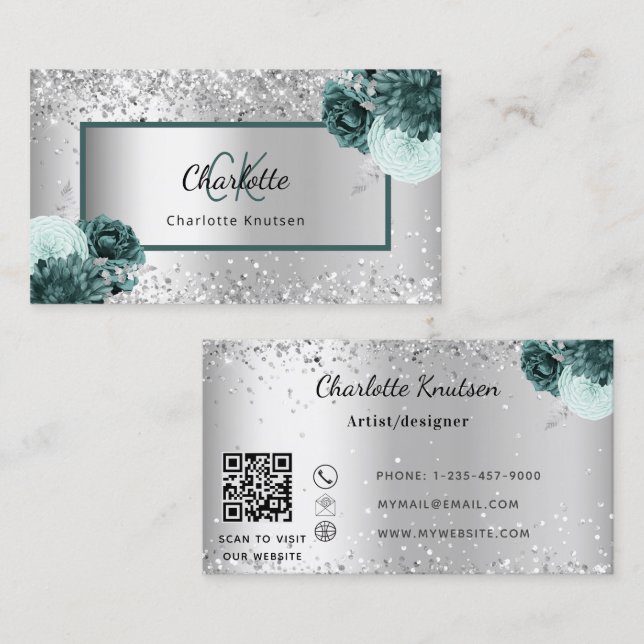 Silver green flowers monogram QR code  Business Card (Front/Back)