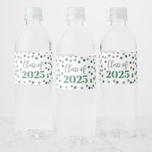 Silver Green Glitter Class of 2025 Graduation Water Bottle Label (Bottles)