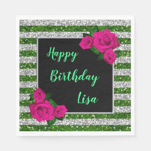 Silver Green Glitter Stripes Pink Roses Birthday Napkin
