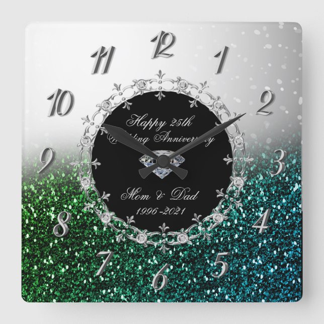 Silver Green Glittery 25th Wedding Anniversary Square Wall Clock (Front)