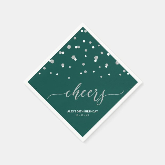 Silver Green Hexagon Confetti Cheers Custom Party Napkin (Corner)