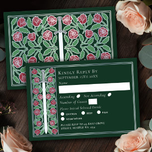Silver Green Mediaeval Floral Sword Wedding RSVP Card