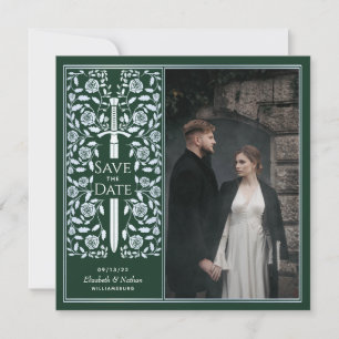 Silver Green Mediaeval Sword Save the Date Photo Invitation