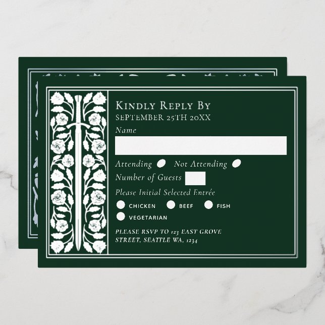 Silver Green Mediaeval Sword Wedding RSVP (Front/Back)