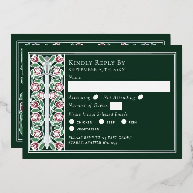 Silver Green Medieval Floral Sword Wedding RSVP (Front/Back)