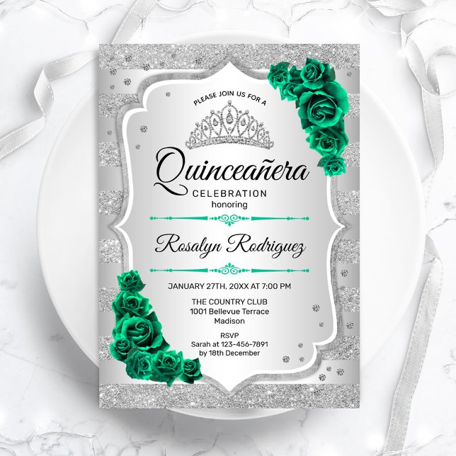 Silver Green Quinceanera Invitation (Creator Uploaded)