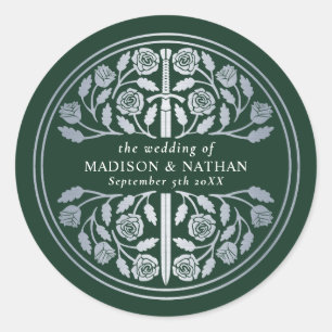 Silver Green Royal Mediaeval Sword Wedding  Classic Round Sticker