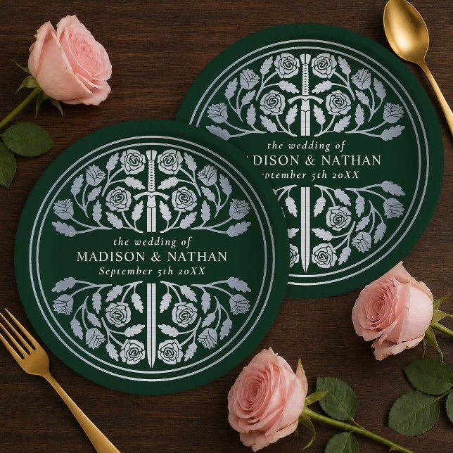 Silver Green Royal Mediaeval Sword Wedding  Paper Plate (Creator Uploaded)