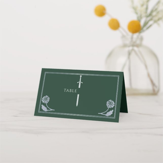 Silver Green Royal Mediaeval Sword Wedding Place Card (Front)