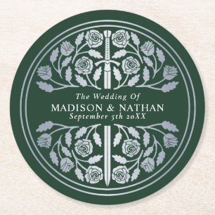 Silver Green Royal Mediaeval Sword Wedding Round Paper Coaster