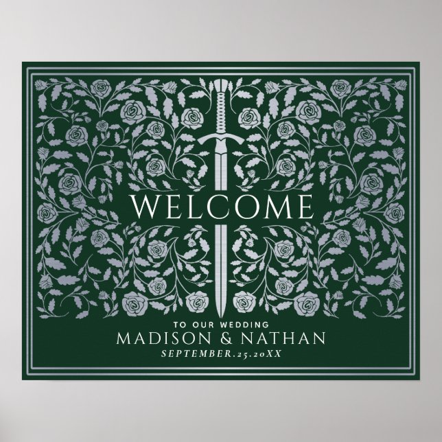 Silver Green Royal Mediaeval Sword Wedding Welcome Poster (Front)