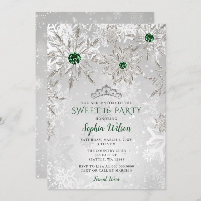 Silver Green Snowflake Princess Tiara Sweet 16 Invitation (Front/Back)