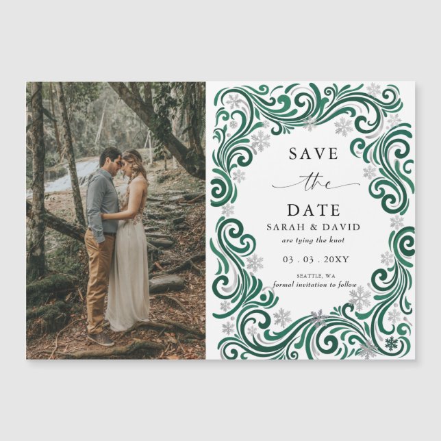 Silver Green Snowflake Winter Photo Save the Date (Front)