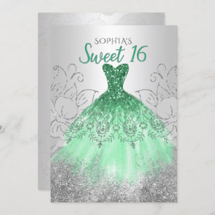 Silver Green Sparkle Dress Sweet 16 birthday Invitation