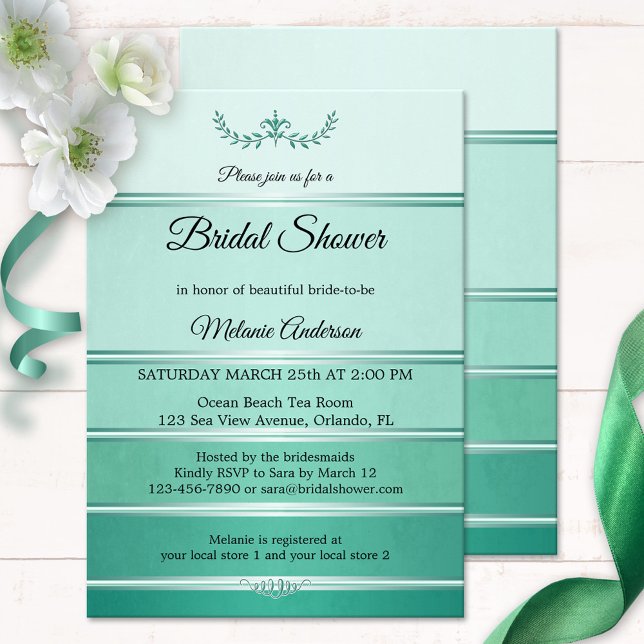 Silver Green Striped Tone on Tone Bridal Shower Invitation (Bridal shower invitation featuring a green striped tone on tone painted design with a silver lining)