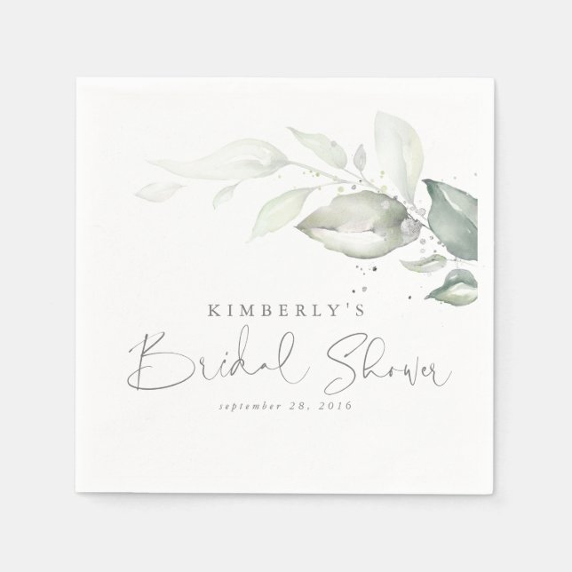 Silver Greenery Leaves Elegant Bridal Shower Napkin (Front)