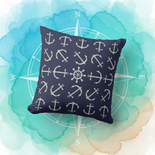 Silver Grey Anchor Navy Blue Throw Pillow