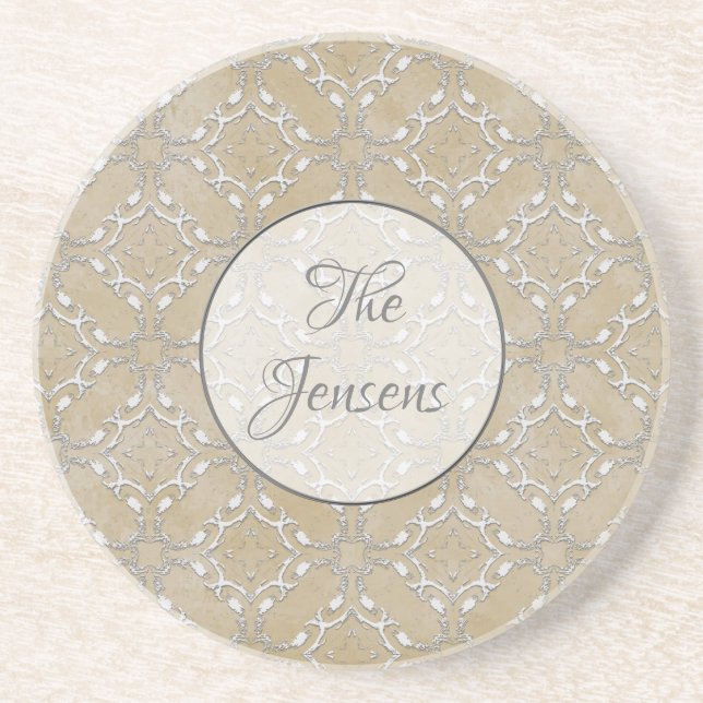 Silver Grey and Beige Metallic Filagree Pattern Coaster (Front)