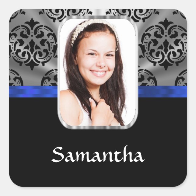 Silver grey and black damask square sticker (Front)