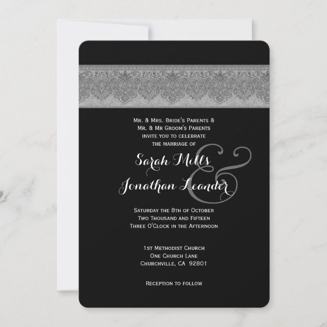 Silver Grey and Black Damask Wedding Template V07 (Front)