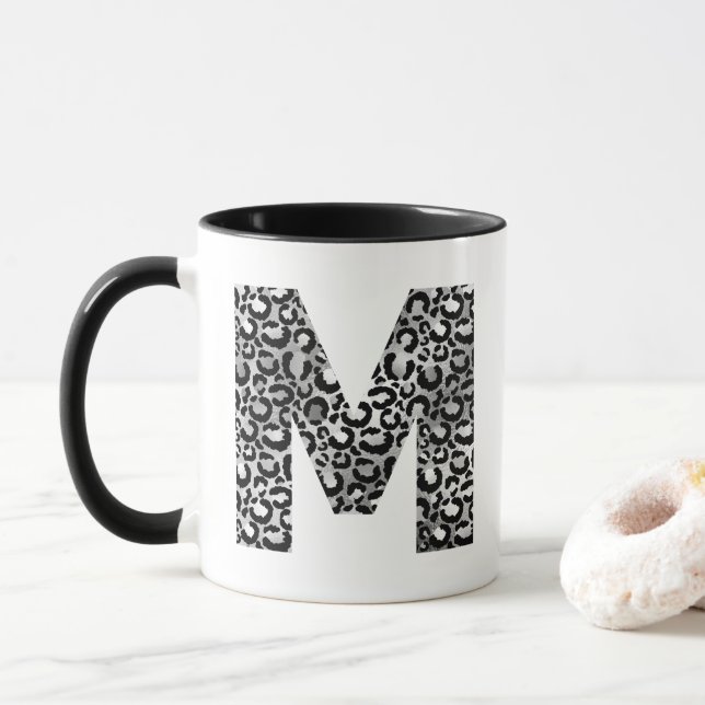 Silver Grey and Black Initial M Monogram Mug (With Donut)