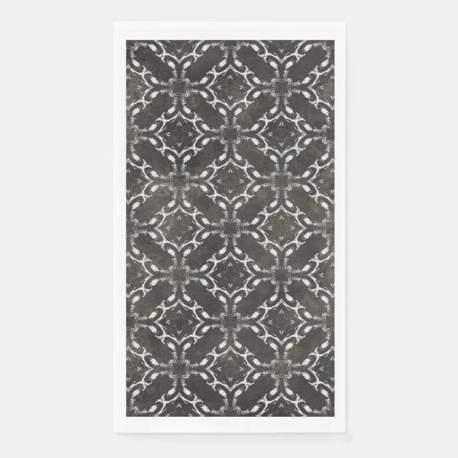 Silver Grey and Black Metallic Filigree Pattern Napkin (Front)
