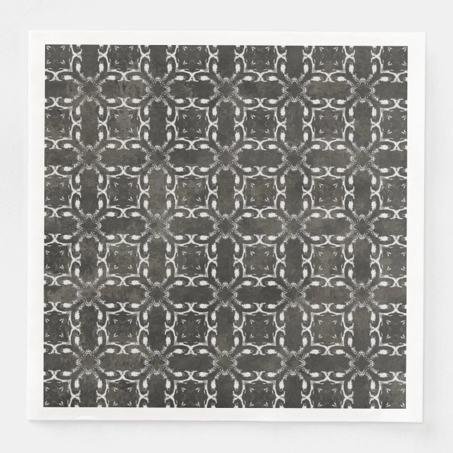 Silver Grey and Black Metallic Filigree Pattern Napkin (Front)