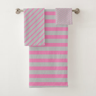 Silver Grey And Pink Stripes Bathroom Towel Set 