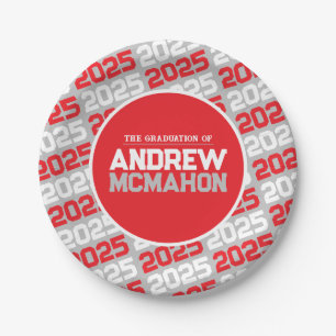 Silver Grey and Red Personalised Graduation Paper Plate