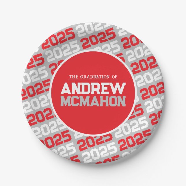 Silver Grey and Red Personalised Graduation Paper Plate (Front)