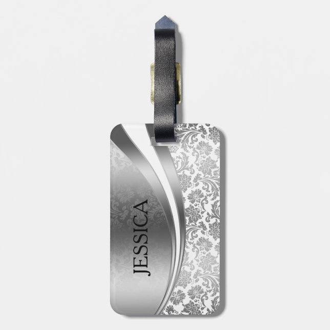Silver Grey And White Damasks & Stripes Luggage Tag (Back Vertical)