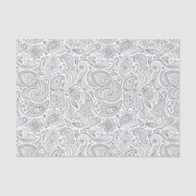 Silver Grey And White Floral Paisley Pattern Tissue Paper (Front)